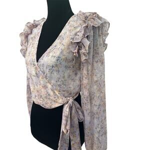 VICI Painted Daisy Chiffon Floral Wrap Blouse Lavender Cropped Size S